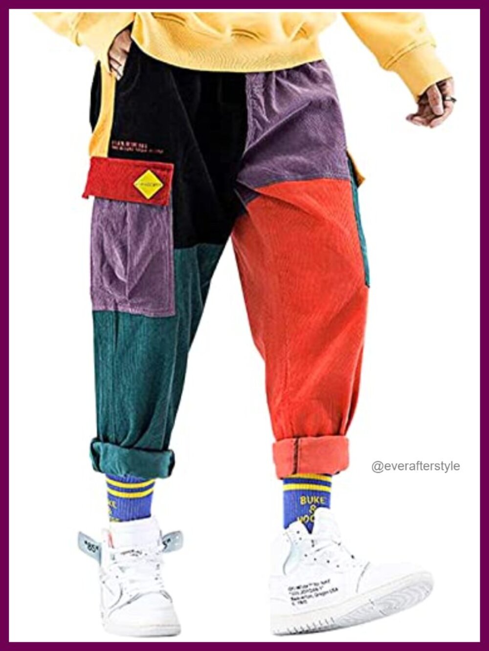 Men's Corduroy Patchwork Cargo Jogger Pants Multi-Pocket Tapered Streetwear